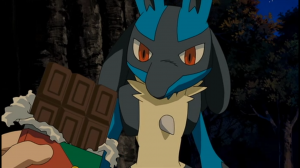 Masato offers Lucario some chocolate. Even the serious Lucario cannot ignore the sweet allure of a Hershey's bar.