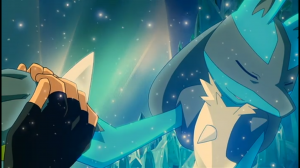 Lucario fades away into Aura energy after giving his life force to Mew. 