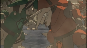 A green army Tyranitar butts heads with a red army's Aggron during the great war.