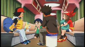 The crew sitting together with Jirachi trying to get it to grant their wishes. Masato is notably annoyed.