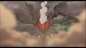 The enigmatic Darkrai as it shrugs off a powerful attack from an Alamos Town Pokemon trainer. 