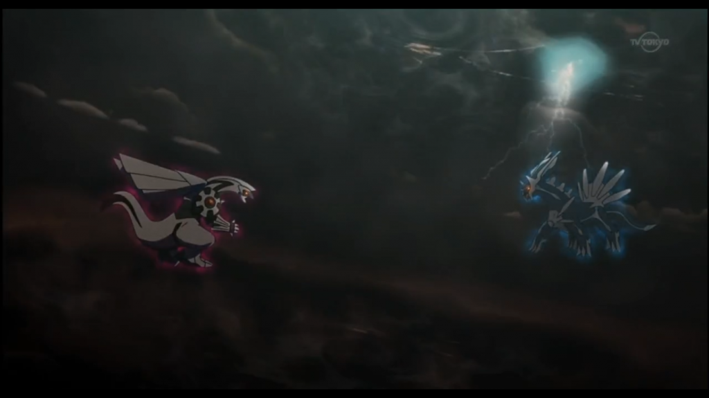 Palkia (left) faces off against Dialga (right) in a subspace dimension. Who will come out on top?