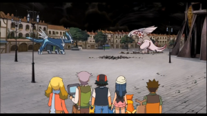 Dialga and Palkia face off once again in the Alamos Town square. The black skies and ruined streets add tension, don't they?