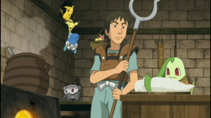 A guard watches over the Pokemon working in the kitchen while Pikachu, Pichu, and Piplup sneak around in the back.