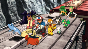 Iris, Satoshi, and Dent discover the injured Keldeo on top of the train carriage on the way to Roshan City.